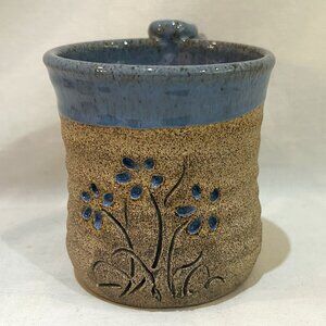 Linda Martin Studio Pottery Blue Glaze Mug 1991 Flower Motif Forget Me Not